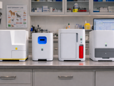 Row of four white benchtop veterinary lab analyzers on a stainless steel counter in a veterinary laboratory with equipment and computer in the background